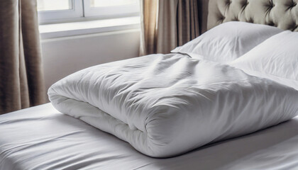 Fototapeta na wymiar White Folded Duvet Lying on White Bed Background