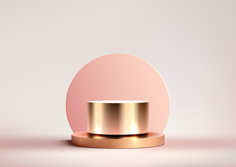 3D gold circular podium with a golden cylinder on top and pink circle backdrop on soft background. Pedestal used to display products mockup luxury style - 764584333