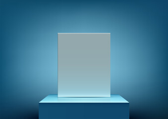 3D blue box podium with white backdrop sits on a pedestal against a blue background - 764584382