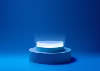 3D blue podium with a spotlight on bottom against a blue background