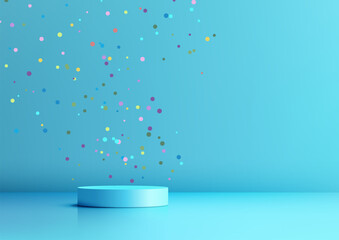 3D blue podium showered in colorful confetti on a blue background, Award ceremony cobcept - 764584550