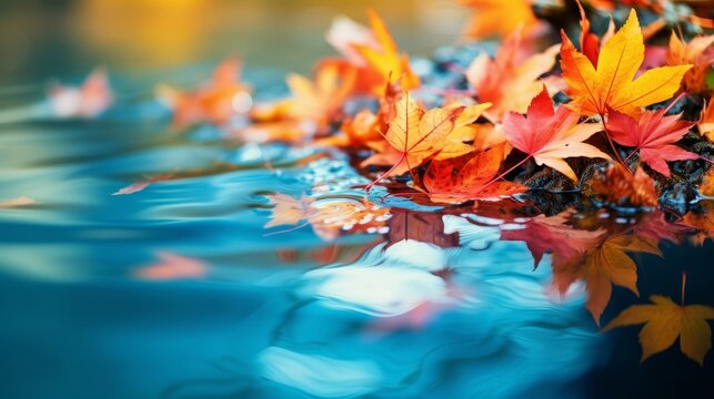 Colorful fall leaves in pond lake water with floating autumn wet leaves