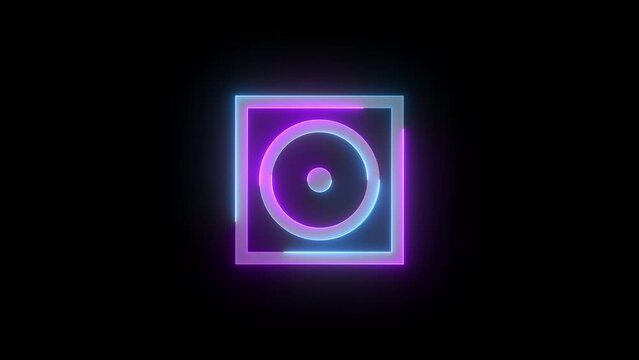 Neon audio album icon cyan purple color glowing animated black background