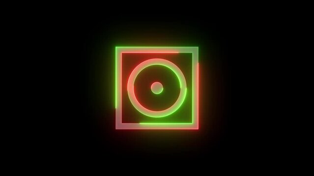 Neon audio album icon green red color glowing animated black background
