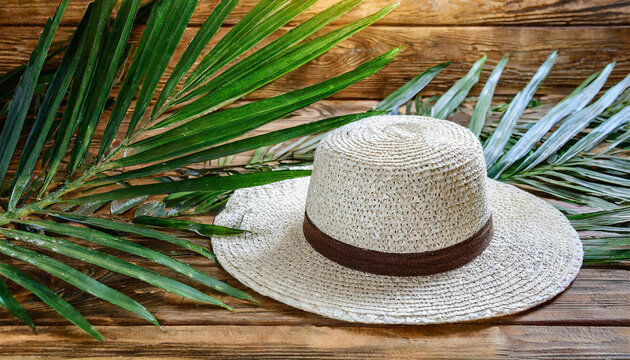 White Straw Hat, Green Palm Leaves on Wooden Background