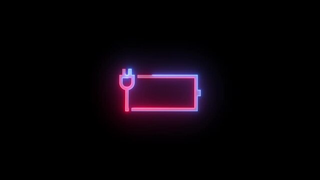 Neon battery charging plug icon blue red color glowing animated black background
