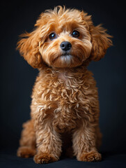 Cute toy poodle puppy is sitting on black background and looking at the camera