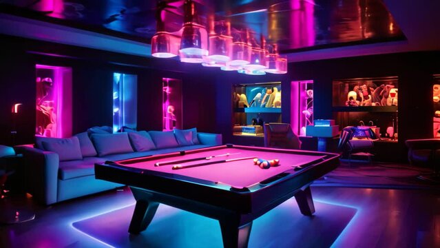 A pool table lit up by numerous bright lights, creating an engaging atmosphere for billiards and other cue sports, Games room illuminated with leds, AI Generated