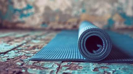 Gordijnen Close-up of a yoga mat, textured and worn, conveying years of practice © crazyass