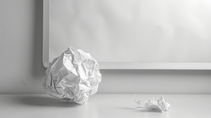 Close-up of a crumpled paper ball landing beside a whiteboard, symbolizing the iterative nature of brainstorming