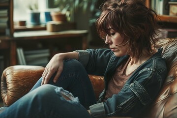 Obraz premium Depressed middle-aged woman in her forties, sitting on a sofa. Middle age crisis, depression, divorce concept.