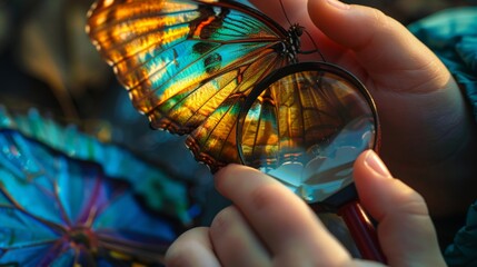 Close-up of a childs hands clutching a magnifying glass, examining a vibrant butterfly wing in detail - Powered by Adobe