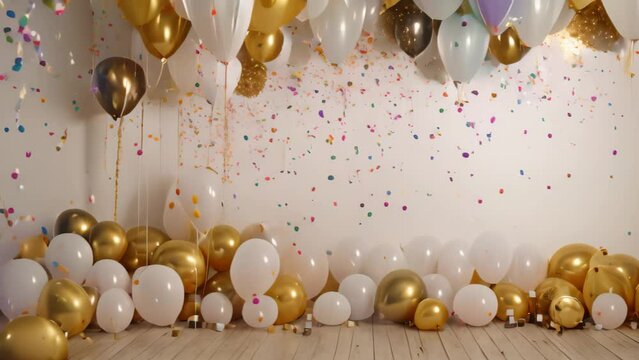 The room is adorned with numerous white and gold balloons, creating a vibrant and joyous atmosphere, Glam New Years Eve celebration white and gold background with balloons, AI Generated