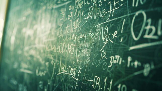 Close-up of a complex equation on a chalkboard, partially erased, suggesting the problem-solving proces