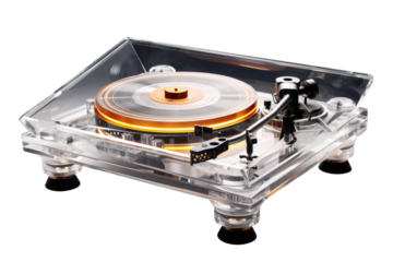 Melodic Waves: A Vintage Record Player Encased in Clear Plastic. On White or PNG Transparent Background..