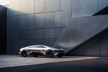 a silver sports car parked in front of a grey wall - Powered by Adobe