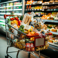 Shopping cart with full of products in supermarket