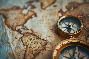 A macro shot of a compass needle quivering, resting on a vintage-style map with faded landmasses - obrazy, fototapety, plakaty