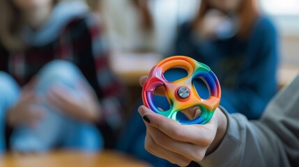 A meeting participant holding a fidget spinner, hinting at a need for focus or stress reduction - obrazy, fototapety, plakaty