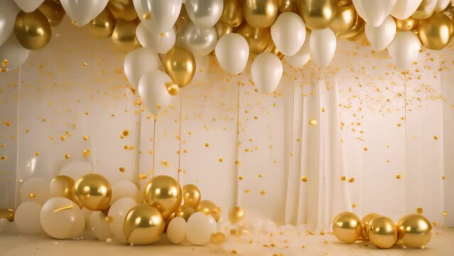 An image showing a collection of diverse balloons of various colors and sizes suspended in the sky, Glam New Years Eve celebration white and gold background with balloons, AI Generated