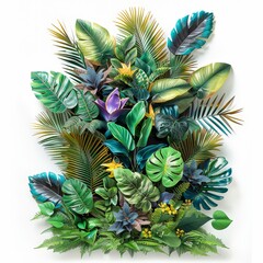 Obraz premium Wellness space features vibrant green leaves of tropical foliage in an urban jungle of decorative plants on a white background.