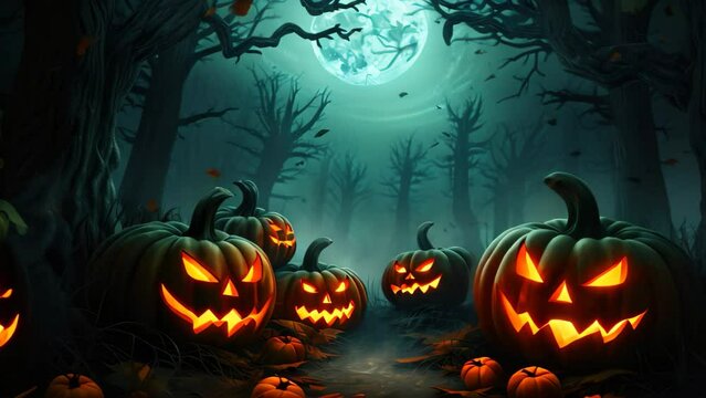 A spooky group of carved pumpkins known as Jack o Lanterns, placed in the enchanting ambiance of the woods, Gloomy and scary background for Halloween, AI Generated