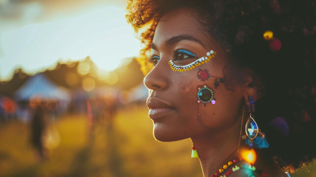 a female model looking out over the summer music festival, with a sparkling, glitter crystal face paint