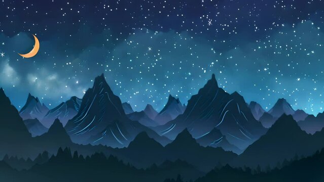 Starry sky with a crescent moon over mountainous terrain at twilight. The concept of nocturnal nature and the star-studded sky.