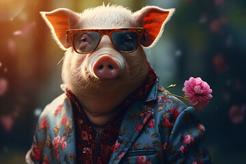 a pig wearing sunglasses and a jacket