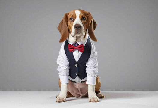 animal pet dog concept Anthromophic friendly dog wearing suite formal business suit pretending to work in coporate workplace studio shot on plain color wall colorful background