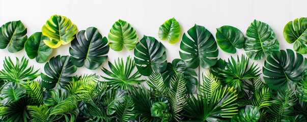 Vibrant tropical foliage, botanical theme, green leaves isolated on white background, interior design with nature-inspired decor, serene atmosphere, plant lover's paradise.