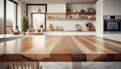 Fototapeta na wymiar Wooden Table in White Kitchen: A Study in Textures and Forms