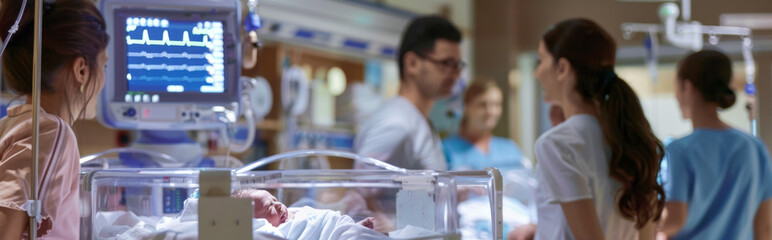 Close-up of a newborn baby in a hospital ward. Horizontal banners.
