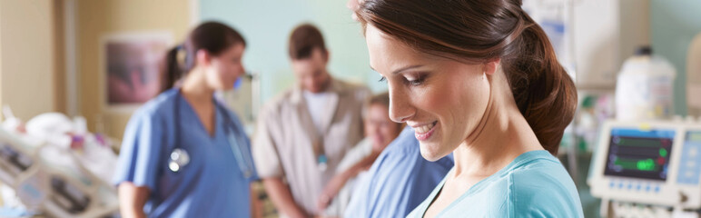 Portrait of happy female patient looking at camera in hospital ward. panoramic banners
 - obrazy, fototapety, plakaty