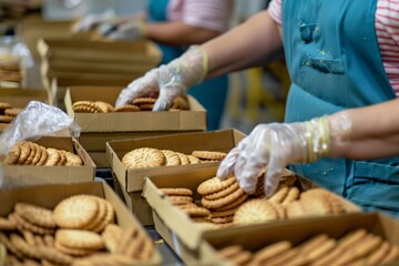 employee in gloves packing cookies into cartons