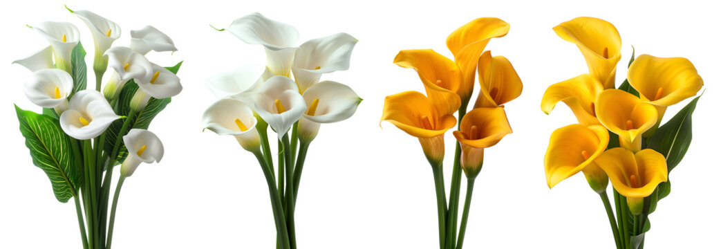 Collection set stalk bouquet bunch of yellow white calla lily lilies flower floral plant with leaf leaves on transparent background cutout, PNG file. Mockup template artwork graphic design