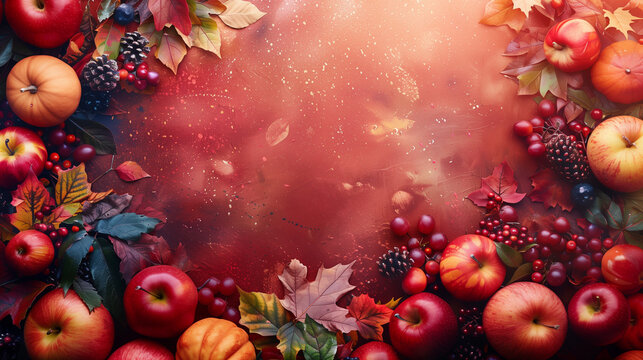 A colorful painting featuring ripe apples, juicy berries, and vibrant leaves intermingled in a celebration of abundance and thanksgiving