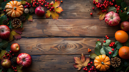 A wooden table adorned with a bountiful display of fresh apples and oranges, creating a warm and inviting Happy Thanksgiving background