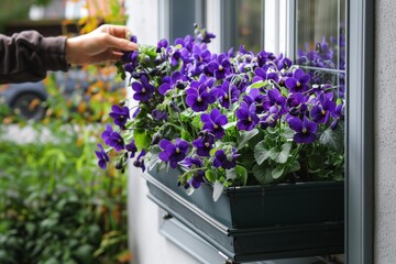 side view of a person filling a window box with vibrant violets