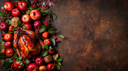 A plump turkey sits surrounded by a colorful array of apples and various fruits, creating a happy Thanksgiving background - obrazy, fototapety, plakaty