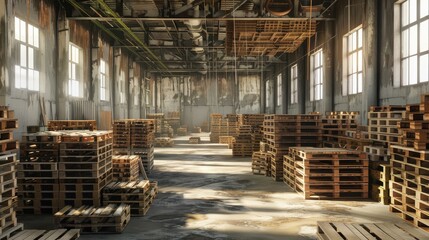 A large industrial room filled with many empty wooden pallets used for storing and transporting goods in a warehouse.