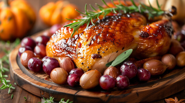 A beautifully roasted turkey is elegantly displayed on a platter, adorned with vibrant cranberries and oranges, creating a festive and inviting Thanksgiving scene