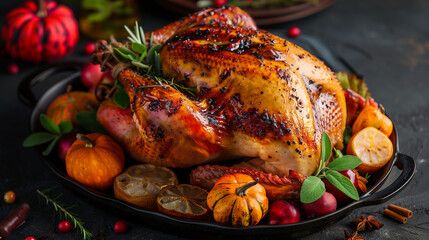 A beautifully roasted turkey sits on a platter surrounded by a bountiful array of autumn fruits and vegetables, creating a festive and inviting Thanksgiving scene