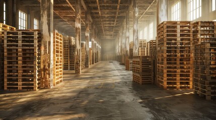 A large industrial room filled with many empty wooden pallets used for storing and transporting goods in a warehouse.