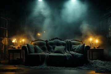 Horror interior design living room with fog creating an aura of mystery and vintage elegance