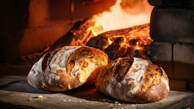 These two perfectly toasted loaves of bread sit invitingly in front of a roaring fire, creating a cozy atmosphere, hot baked bread on rustic wood oven, AI Generated