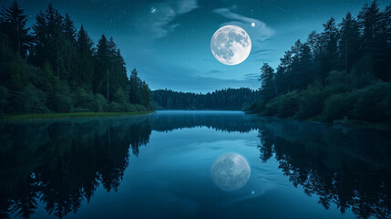  A romantic evening under the stars, with the moon casting a soft glow over a serene lakeside scene,