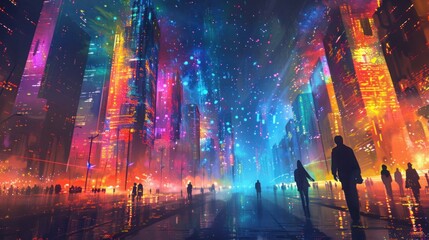 Obraz premium Cityscape at night with fractal starscape elements, neon colors and cyberpunk style. Futuristic metropolis.