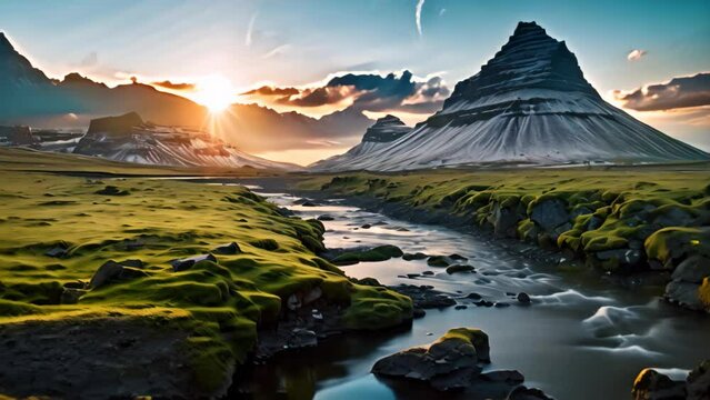 A peaceful river winding its way through a vast expanse of lush green meadows and fields, Iceland's breathtaking landscape captured through photography, AI Generated