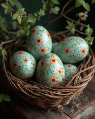 Naklejka na ściany i meble Easter eggs in nest on wooden table